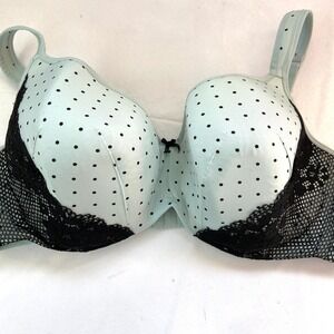 Cacique Lightly Lined Balconette Bra Mint Green Black Polka Dot Lace Womens 44DD